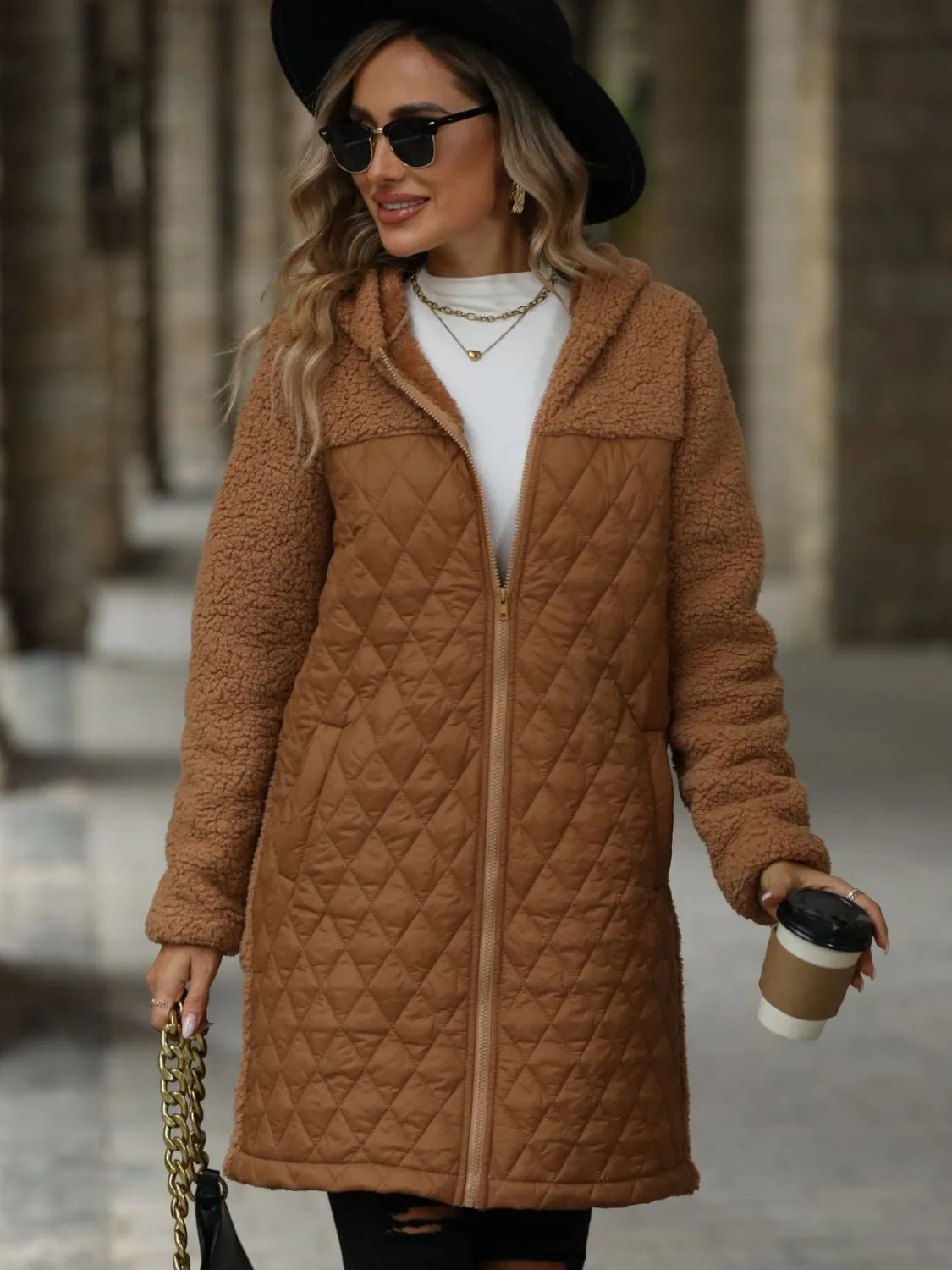 Women's Texture Zip Up Long Sleeve Hooded Coat