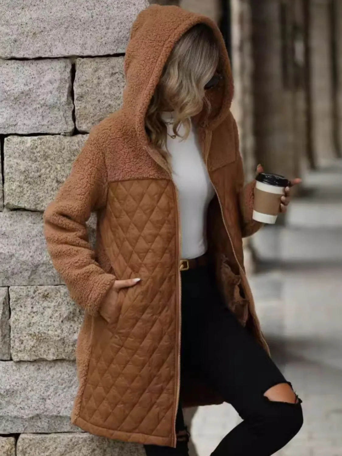 Women's Texture Zip Up Long Sleeve Hooded Coat