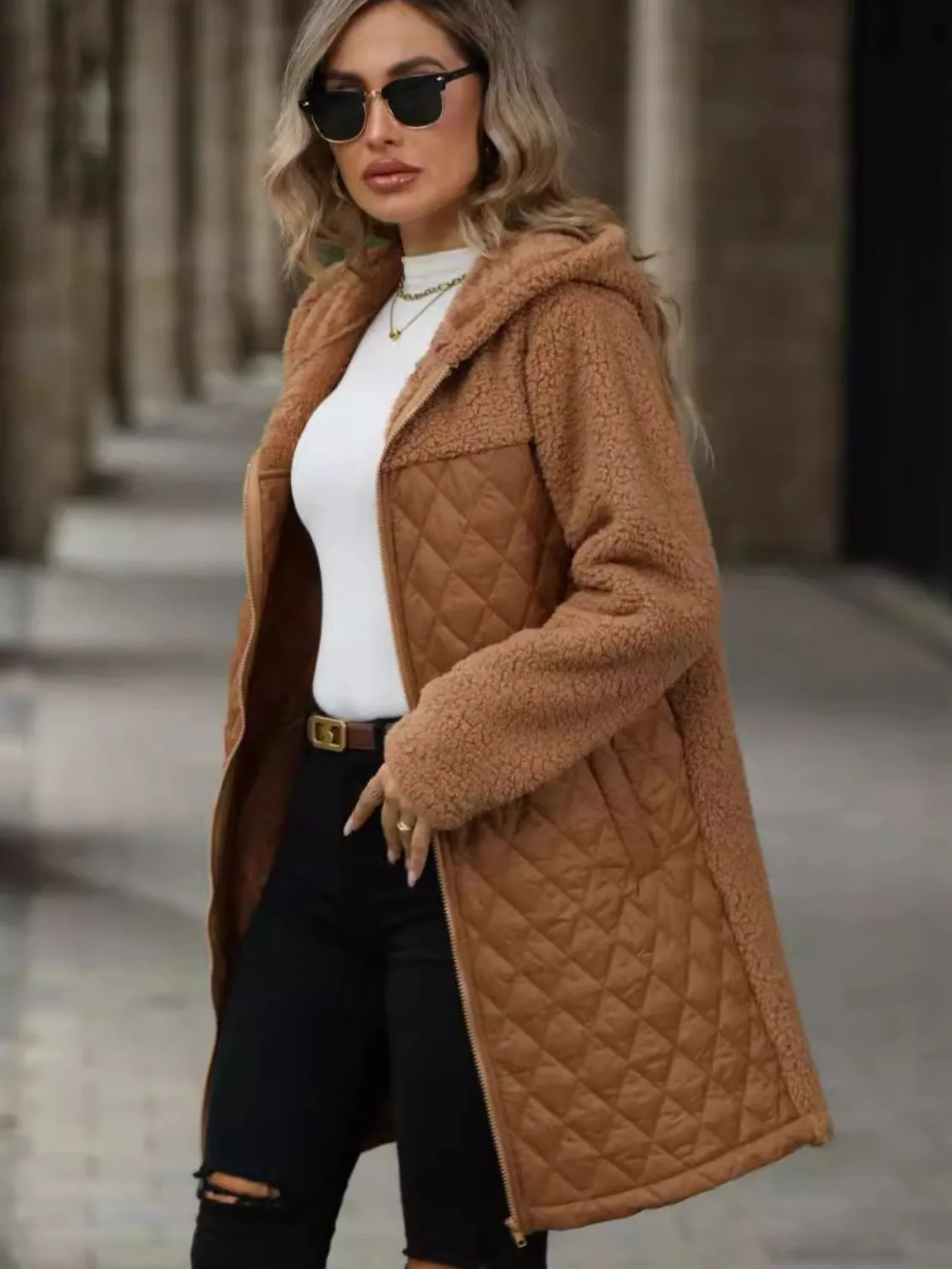 Women's Texture Zip Up Long Sleeve Hooded Coat