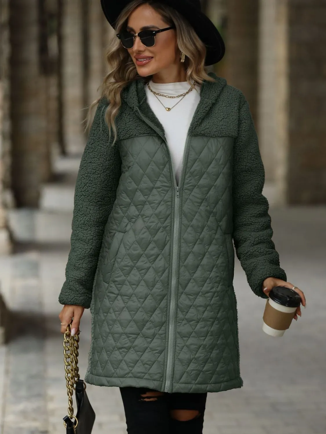 Women's Texture Zip Up Long Sleeve Hooded Coat