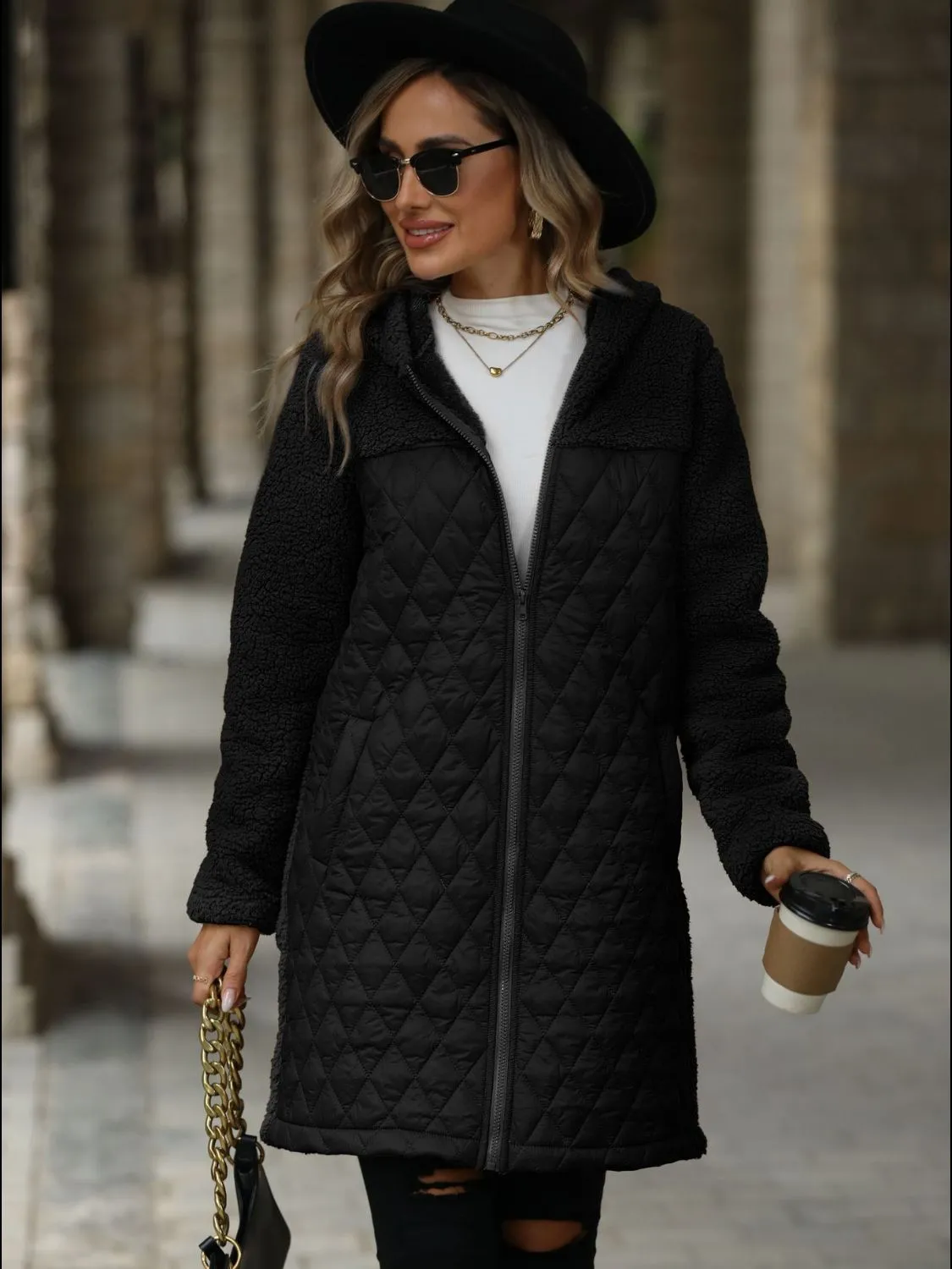 Women's Texture Zip Up Long Sleeve Hooded Coat